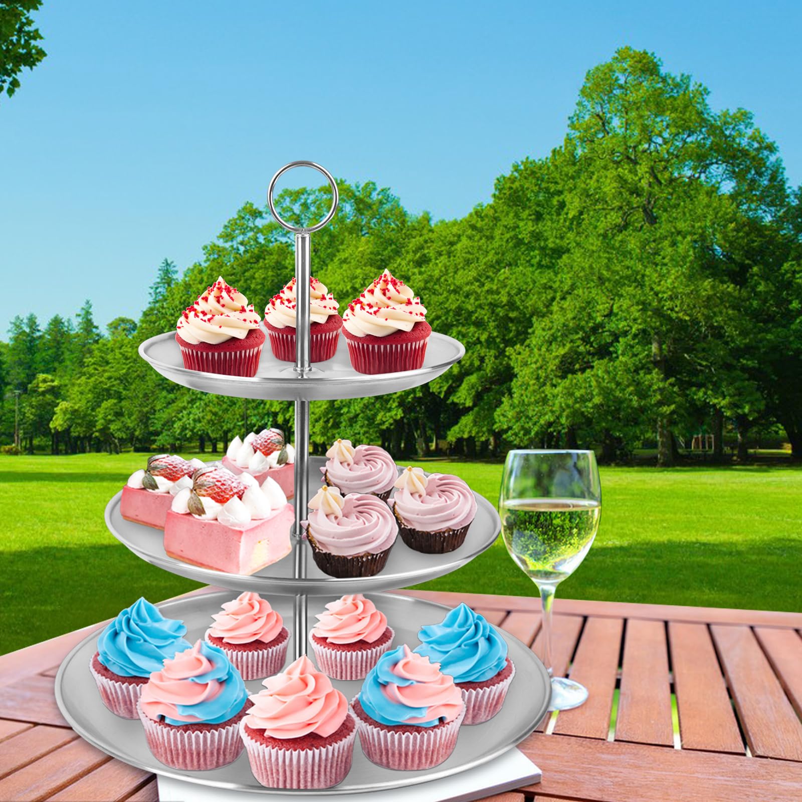 LIAISIMI 3 Tier Silver Cupcake Stand Stainless Steel Dessert Display Rack with Removable Tiered Tray for Parties,Weddings,Birthdays,Decorations,Any Festivals and Festivities(2 Pack)