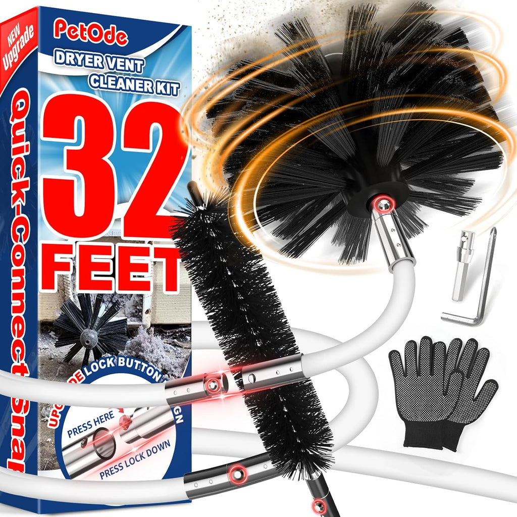 PetOde Dryer Vent Cleaner Kit - 32 Feet Flexible Brush with Drill Attachment for 360° Cleaning