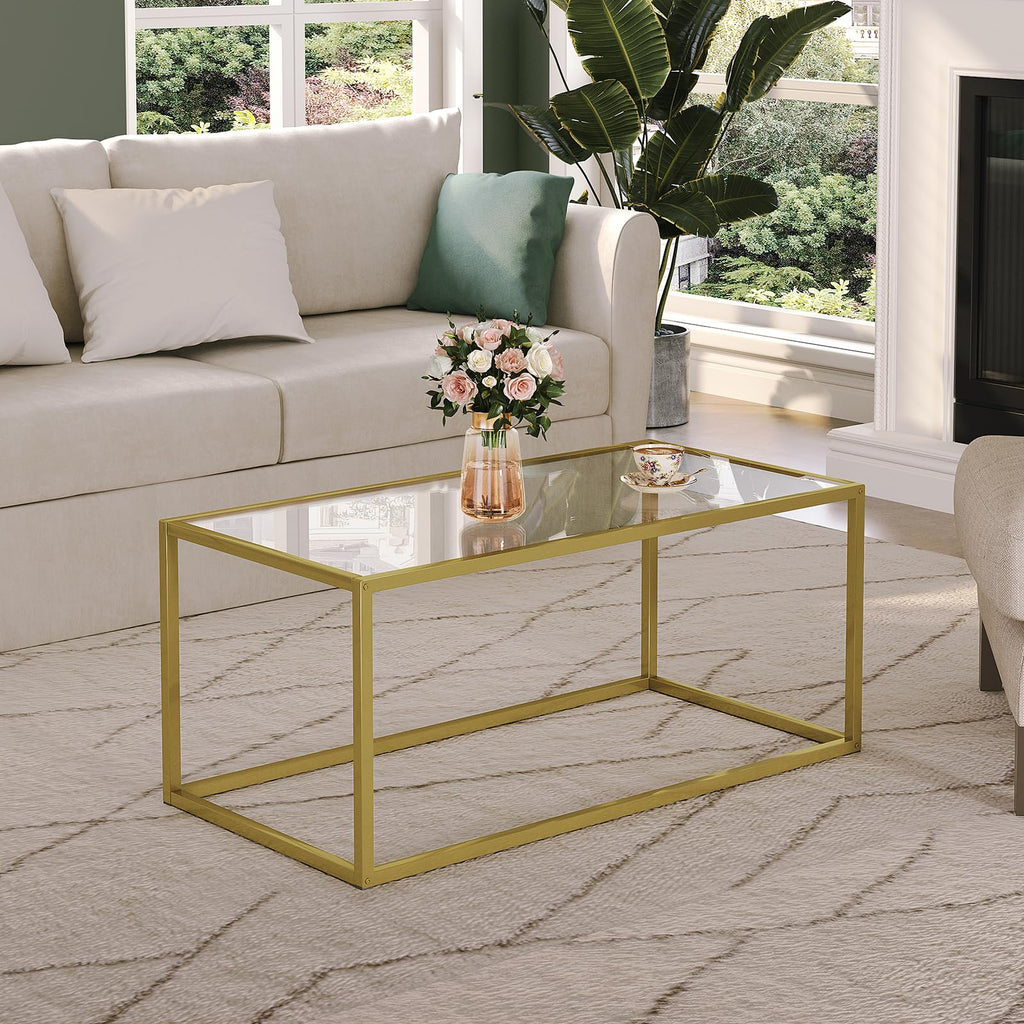 SAYGOER Gold Coffee Table Glass Coffee Tables Modern Rectangular Center Table Simple Minimalist Sofa Table for Living Room Home Office, 39.3 x 19.7 x 17.7in, Gold