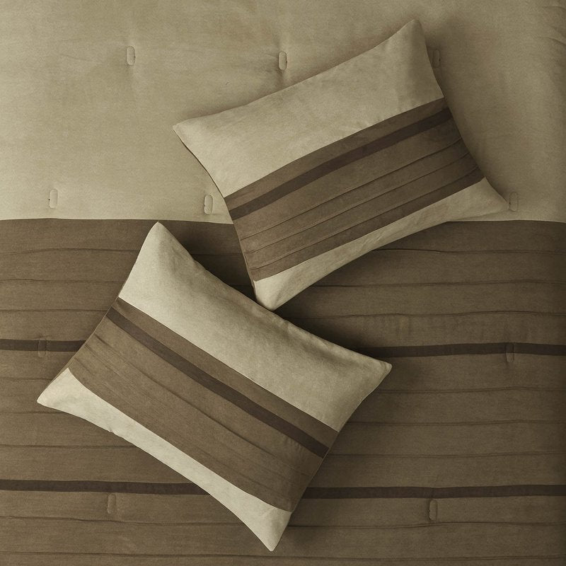 Madison Park Palmer Comforter Set - Faux Suede Design, Striped Accent, All Season Down Alternative Bedding, Matching Shams, Decorative Pillow, Bed Skirt, Full (82 in x 90 in), Natural 7 Piece
