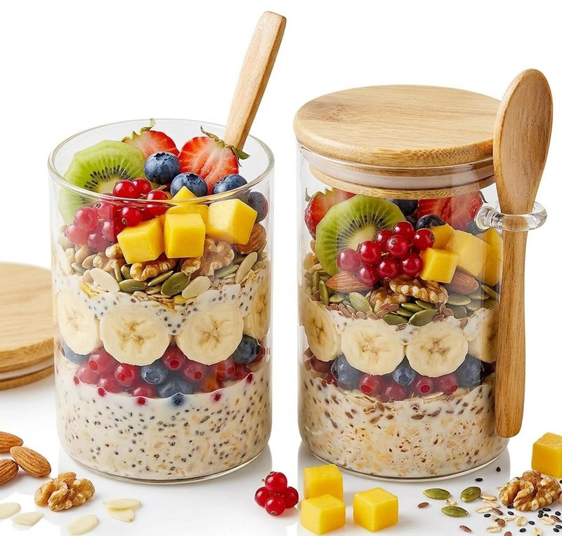 Povinmos Overnight Oats Containers with Lids,17oz Oats Glass Jars Storage Containers, Oatmeal Cups,Meal Prep Containers,Glass Coffee Nuts Canister For Pantry Cereal Sugar Tea Beans(2)