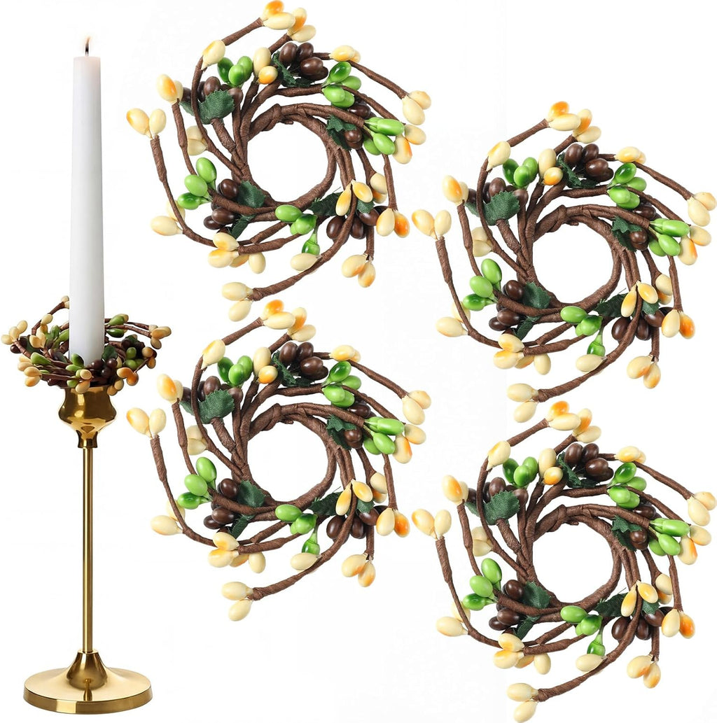 Suncalla Spring Pip Berry Taper Candle Rings - 4 Pcs Mini Artificial Wreaths for Home Decor