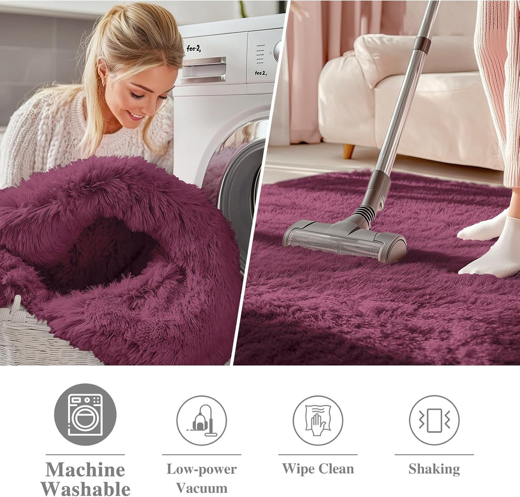 OLANLY Round Burgundy Area Rug - Soft, Fluffy, Machine Washable 3 ft Circle Carpet for Bedroom & Living Room