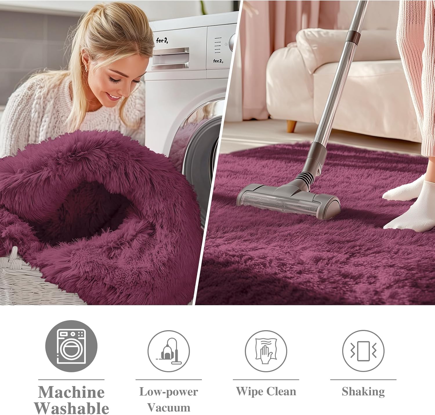 OLANLY Round Burgundy Area Rug - Soft, Machine Washable 5 ft Shaggy Carpet for Bedrooms & Living Rooms