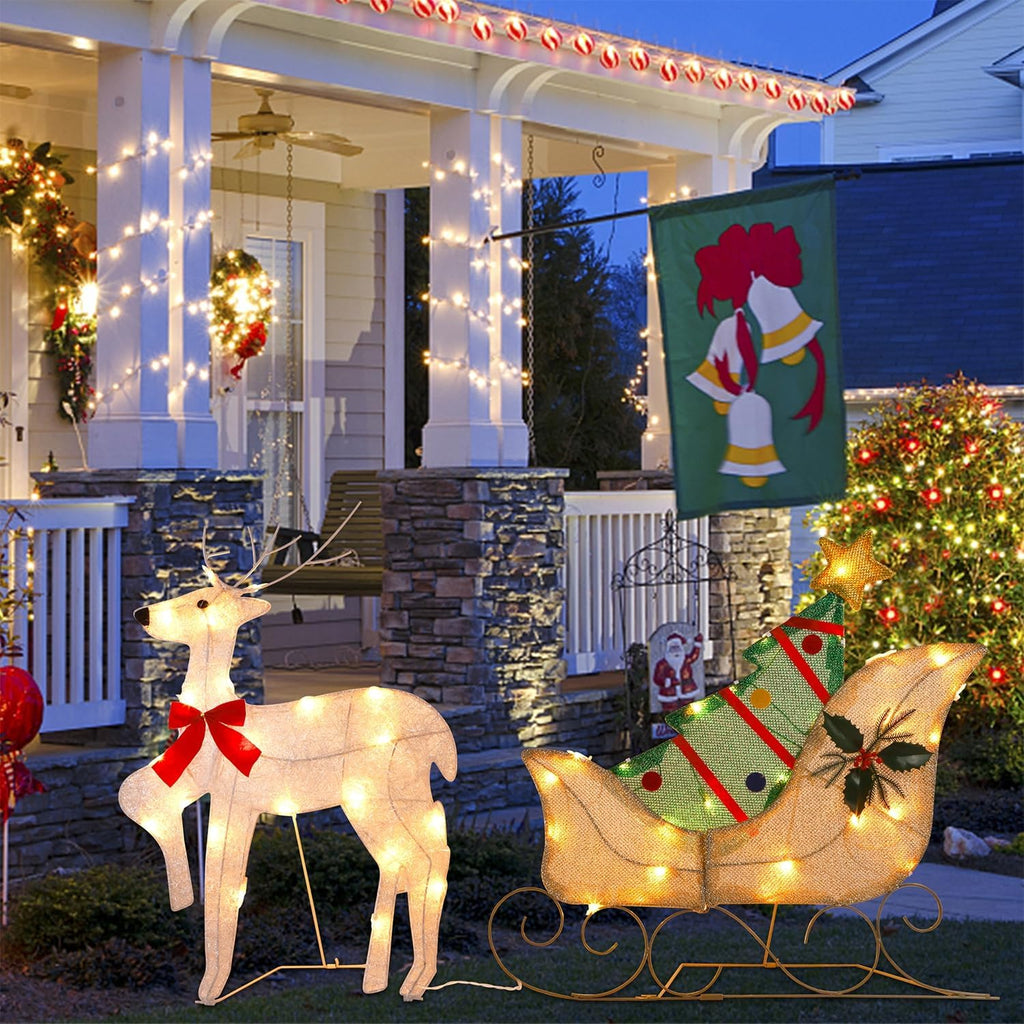 WATERGLIDE Christmas Decorations - 23-Inch Lighted Reindeer & Santa Sleigh | Pre-Lit 2D Yard Decor for Festive Holiday Display