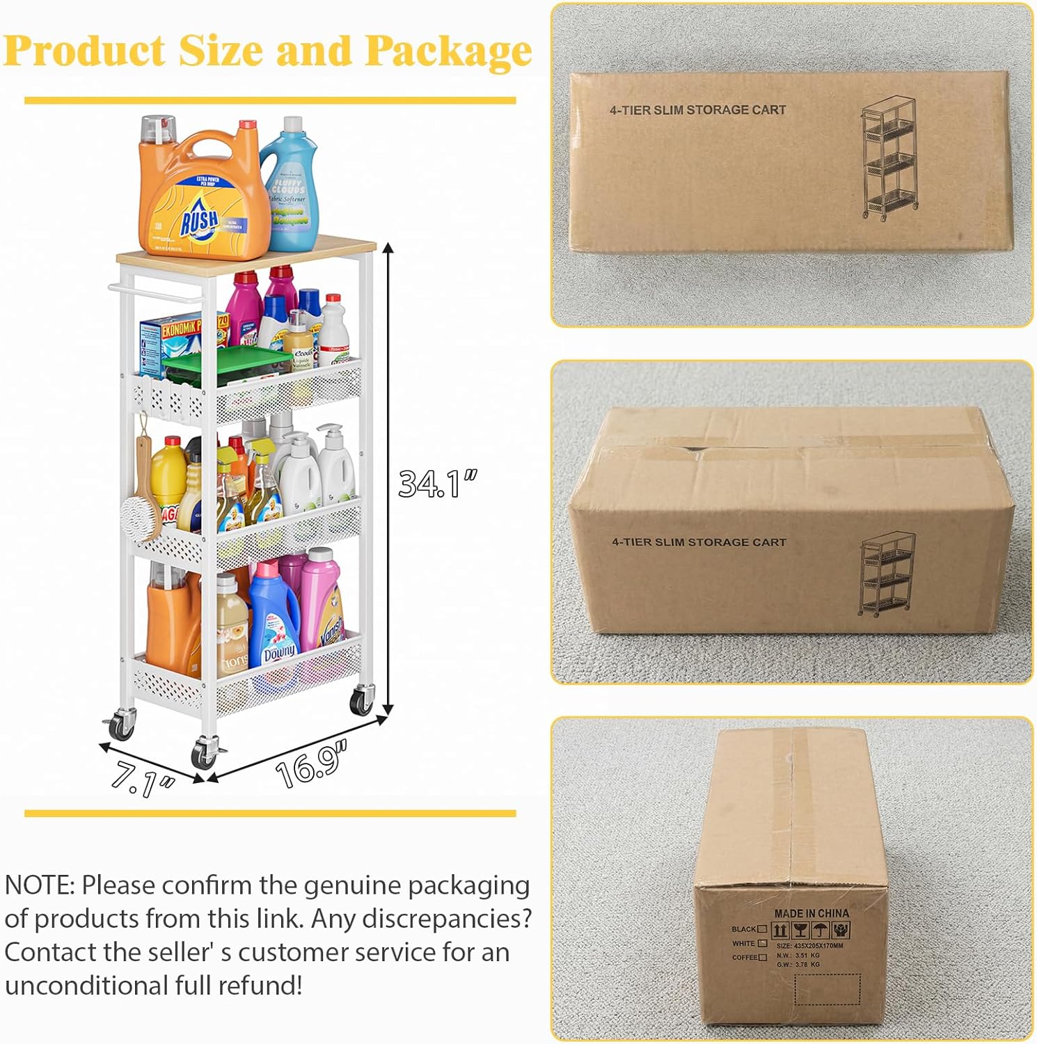 OKZEST Slim Rolling Storage Cart - 4 Tier Mobile Organizer with Wood Top for Kitchen & Laundry | Narrow Design