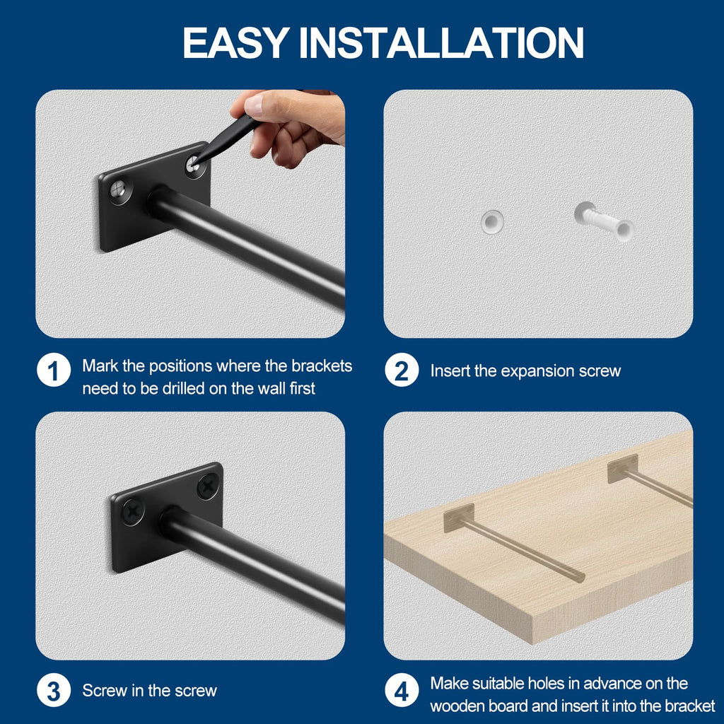 30 Pcs 10" Black Solid Steel Floating Shelf Bracket Blind Shelf Supports - Hidden Brackets for Floating Wood Shelves - Concealed Blind Shelf Support – Screws and Wall Plugs Included