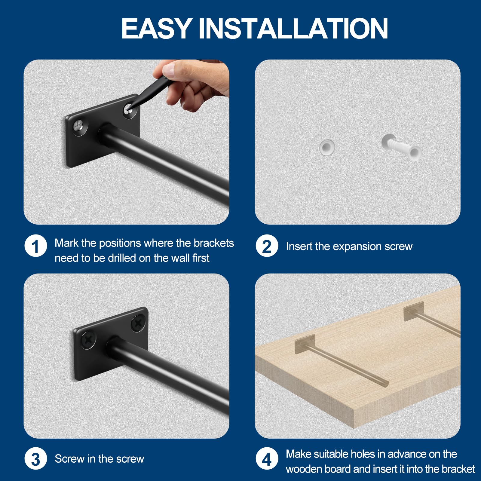 30 Pcs 10" Black Solid Steel Floating Shelf Bracket Blind Shelf Supports - Hidden Brackets for Floating Wood Shelves - Concealed Blind Shelf Support – Screws and Wall Plugs Included