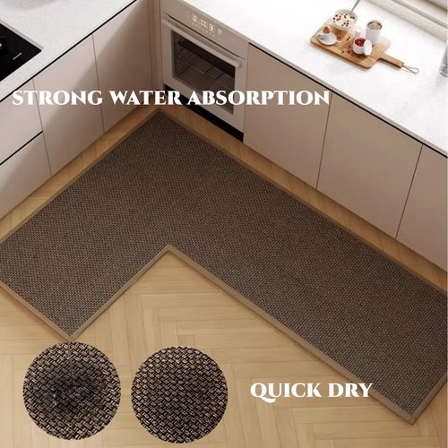 L Shape Kitchen Mat, Anti-slip Corner Kitchen Mats for Floor, 1 Piece L Shape Rug, Absorbent Runner in Front of Sink, Washable Floor Rugs for Home,Kitchen,Office(Black/Brown Right-L,3'11" x 2'7")