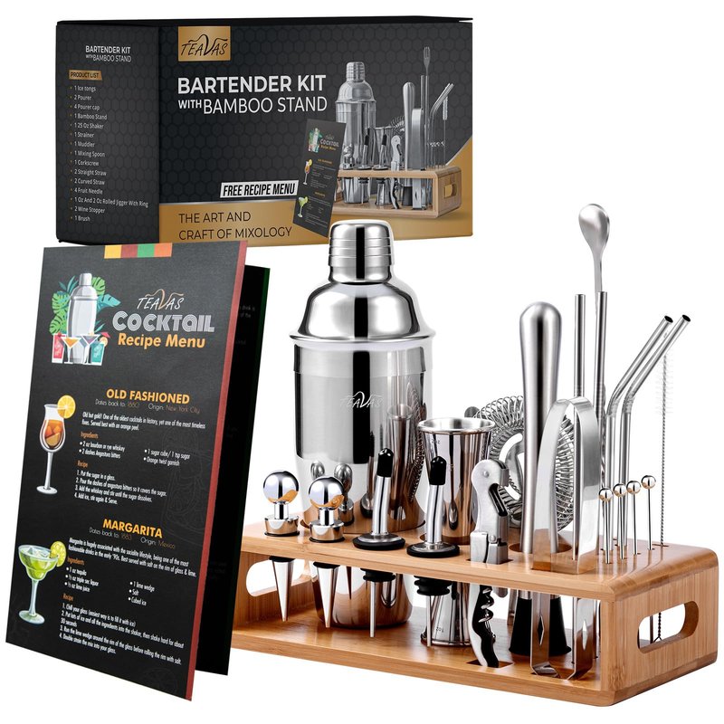 TEAVAS Mixology Black Bartender Kit with Japanese Jigger & Stand - 13 Piece Stainless Steel Cocktail Making Set - Boston Shaker, Strainer, Mixer Spoon, Muddler - Barware Anniversary & Birthday Gifts