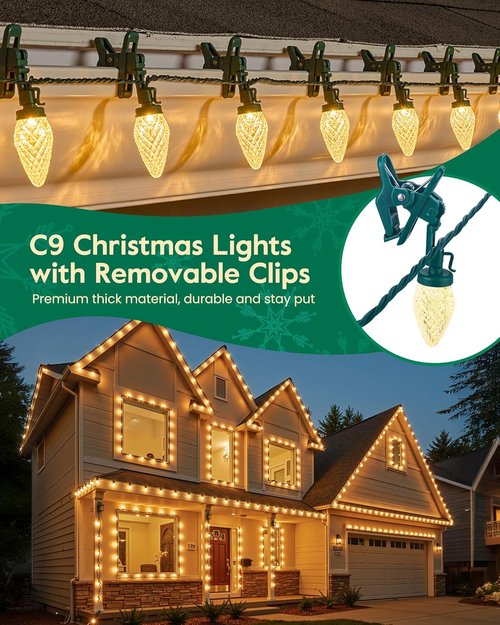 C9 Christmas Lights - 100 LED Waterproof String Lights for Outdoor Decor | 65FT Warm White with 100 Spring Clips