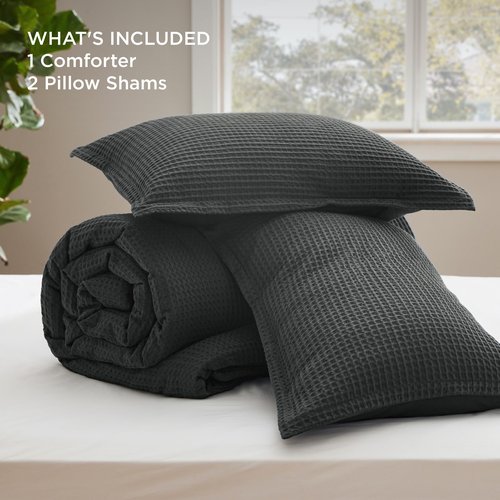 Bedsure Waffle Comforter Set King, Charcoal Soft Bedding, Waffle Weave Bed Set, 3 Pieces, 1 Comforter (104"x90") and 2 Pillow Shams, Cotton Shell and Polyester Lining for All Seasons