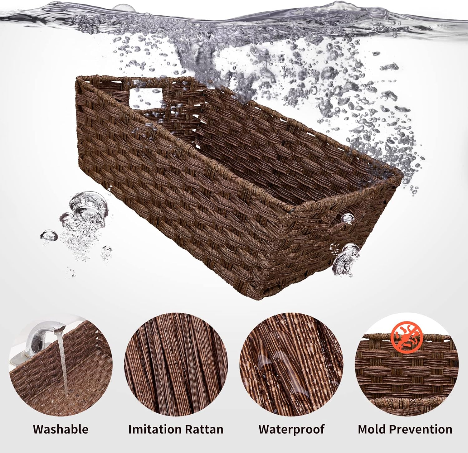 Onlytak Large Wicker Storage Basket Set - Washable Waterproof Design | 15" x 10.3" x 5.2" | Brown Color for Home & Patio