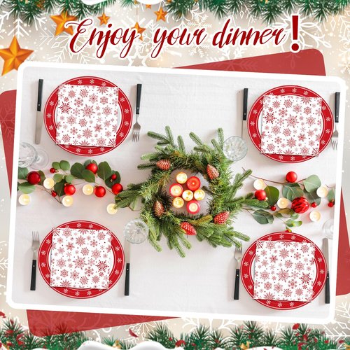 Yiyiring 150 Pcs Christmas Paper Plates and Napkins, 50 11 Inch Christmas Tree Disposable Oval Plates and 100 13 Inch Snowflake Napkins for 50 Guests Dinnerware Winter Party Supplies
