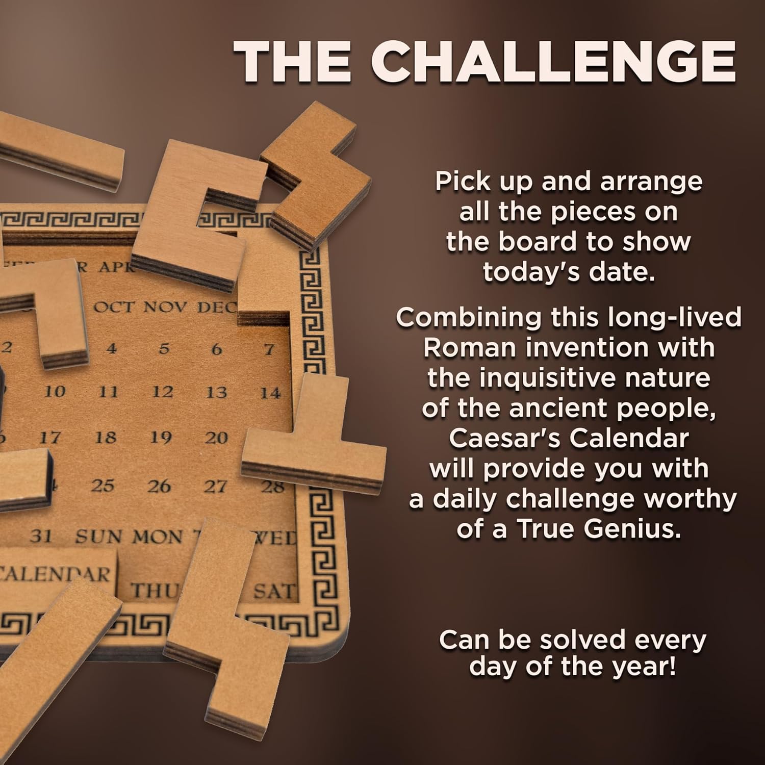 Project Genius Caesar's Calendar - 365+ Wood Puzzle-A-Day Challenge | Brainteaser Gift for All Ages