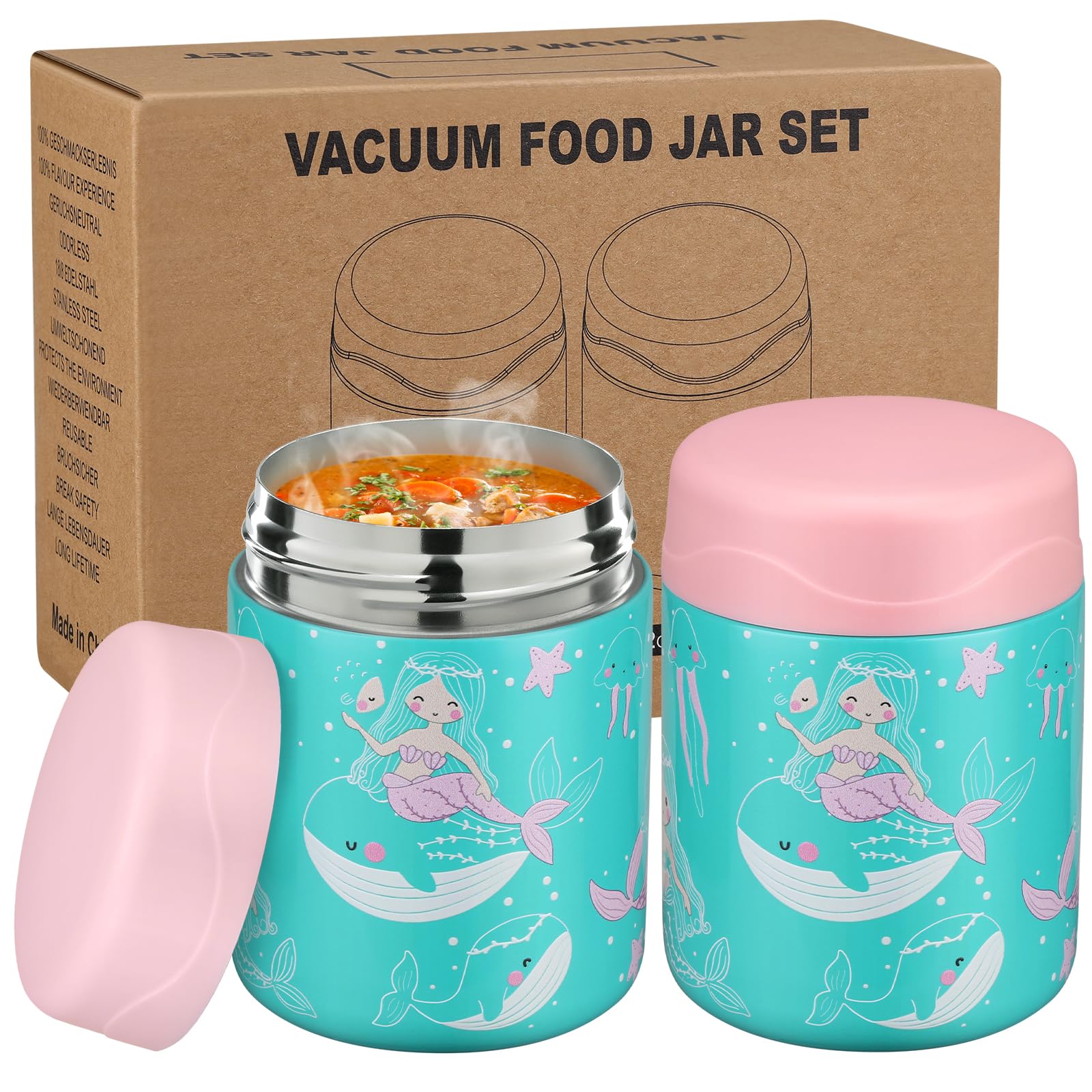 wiwens 12oz 2 Pack Insulated Food Jar Set for Kids Soup Thermo Hot Food Lunch Container Wide Mouth Leak Proof Stainless Steel Vacuum Bento Box for School Office Travel Outdoors
