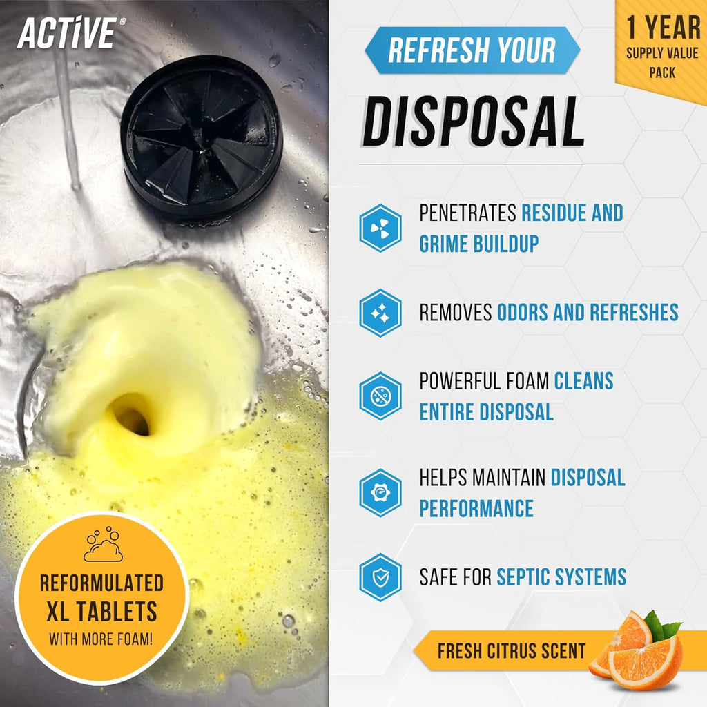 Skiennix Garbage Disposal Cleaner Tablets - Powerful XL Citrus Foam Deodorizer | 24 Pack for Fresh Kitchen Drain Care