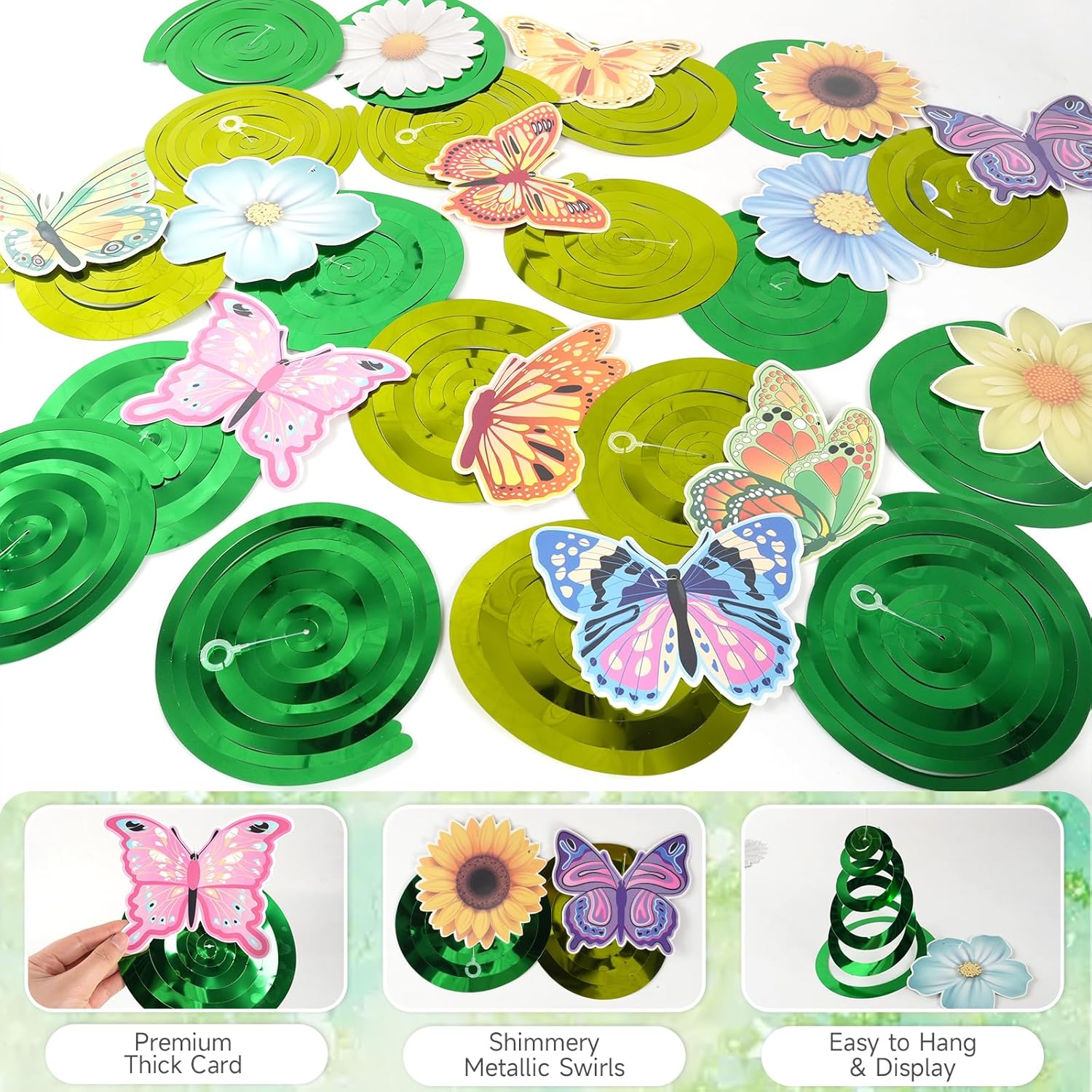 Skiennix 33-Piece Spring Hanging Decorations - Flower & Butterfly Swirl Streamers for Easter & Birthday Parties