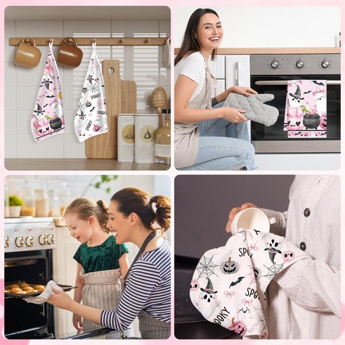 InIsaJace Pink Halloween Kitchen Dish Towels, 4PCS Pumpkin Cute Ghost Boo Hand Tea Towels Set, Spooky Halloween Kitchen Bathroom Holiday Decor Supplies