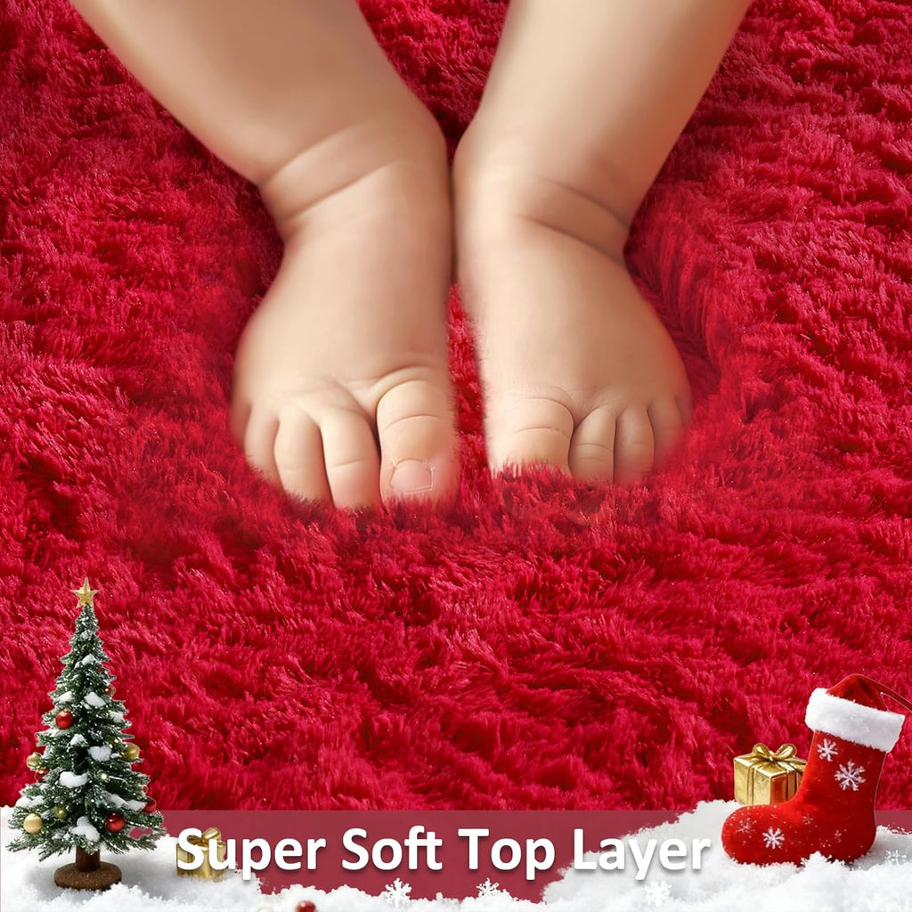 Ophanie Round Rug - 4Ft Red Circle Area Rug | Fluffy Plush Shaggy Carpet for Kids' Room & Nursery