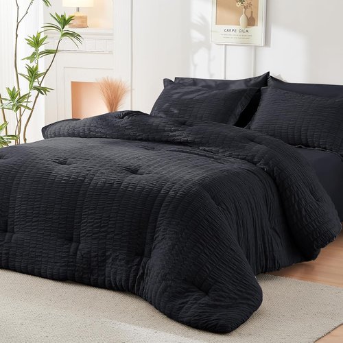 HYMOKEGE Queen Seersucker Comforter Set - Lightweight 3-Piece Bedding for All Seasons | Black