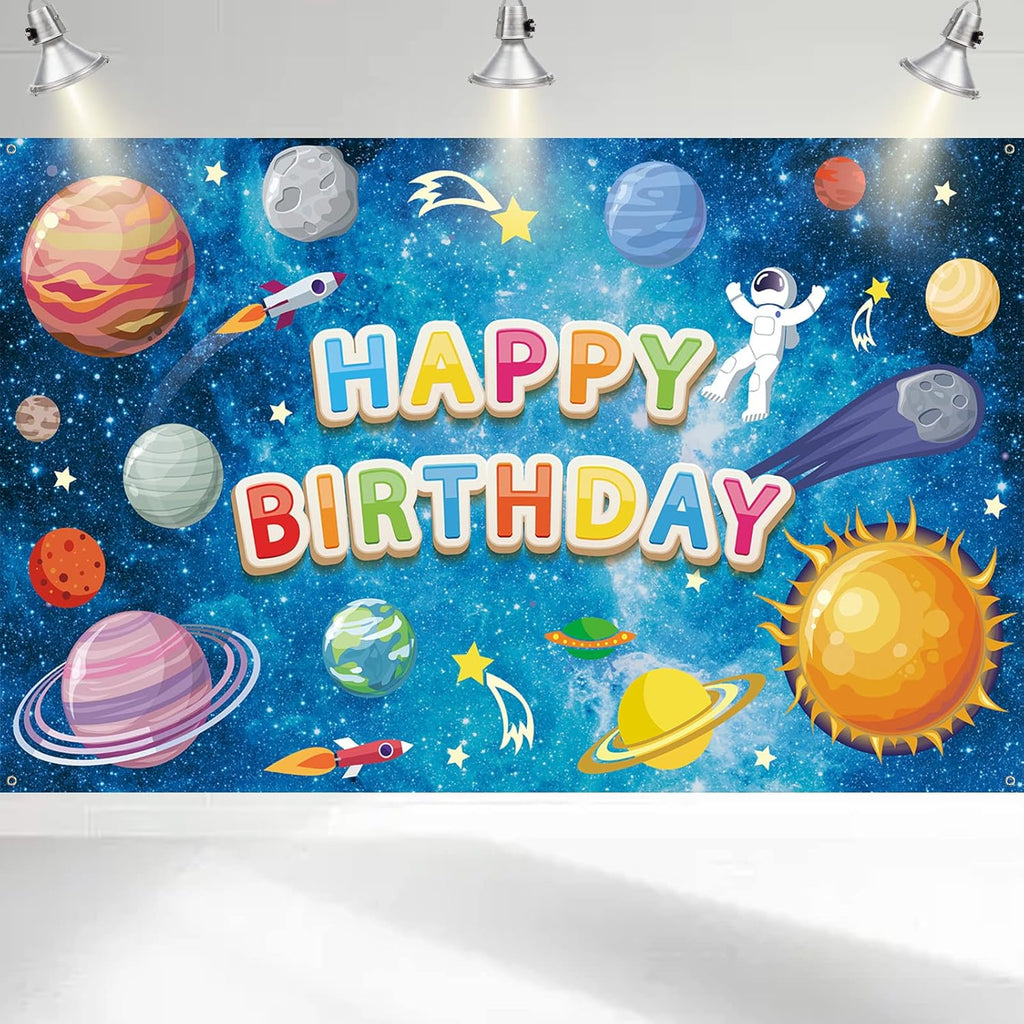 Space Happy Birthday Backdrop Banner - Large Blue Astronaut Galaxy Photo Background for Kids' Party Decor