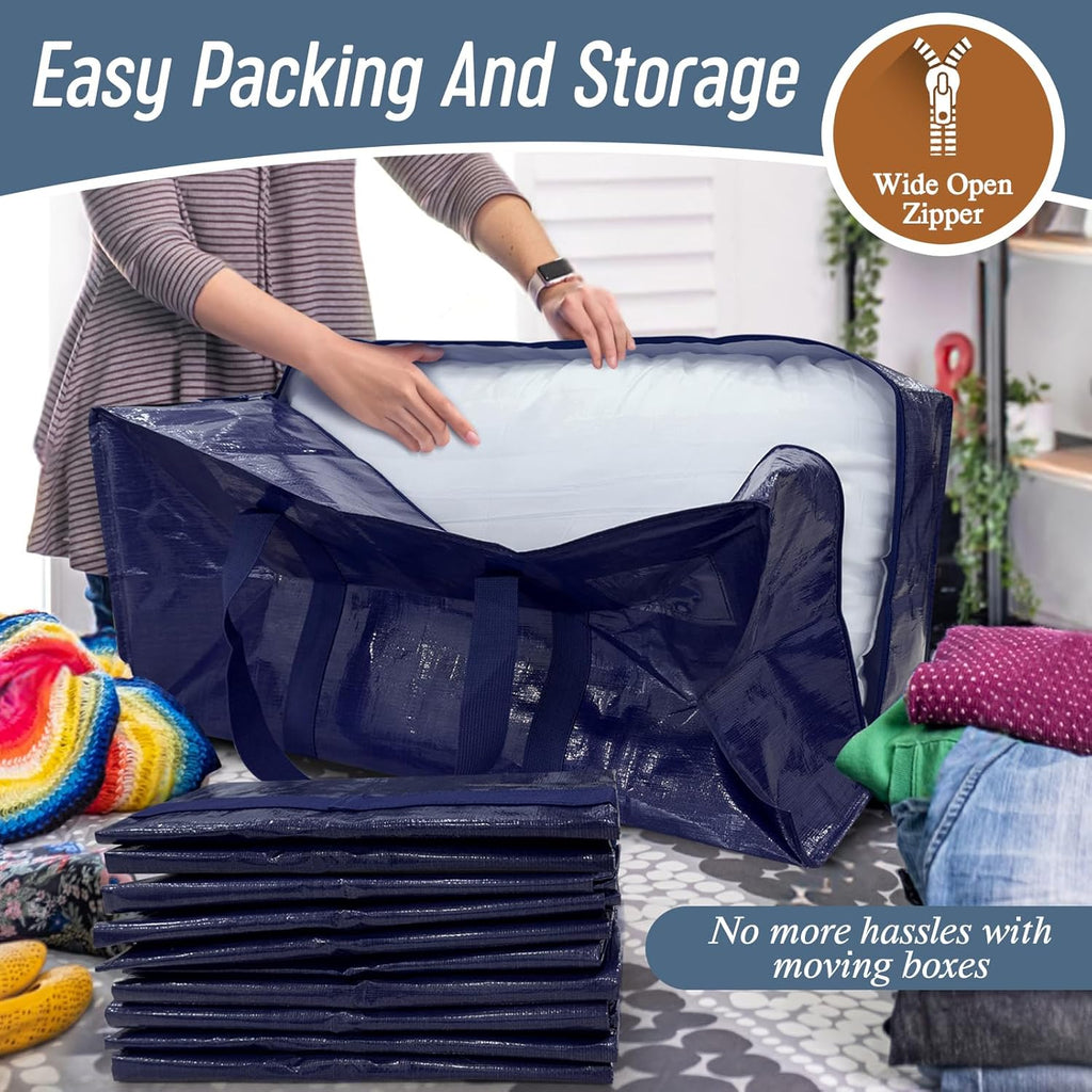 Skiennix Extra Heavy Duty Moving Bags - Large Sturdy Storage Totes with Strong Zipper & Comfortable Handles | Dark Blue, 6 Pack
