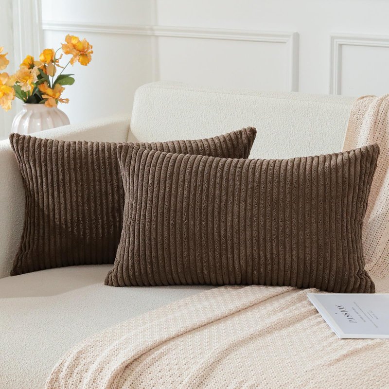 OTOSTAR Boho Decorative Throw Pillow Covers 16 x 24 Inch Soft Corduroy Solid Striped Pillow Covers Lumbar Cushion Case Couch Pillowcases for Sofa Bed Home Decor Pack of 2 (Dark Brown)