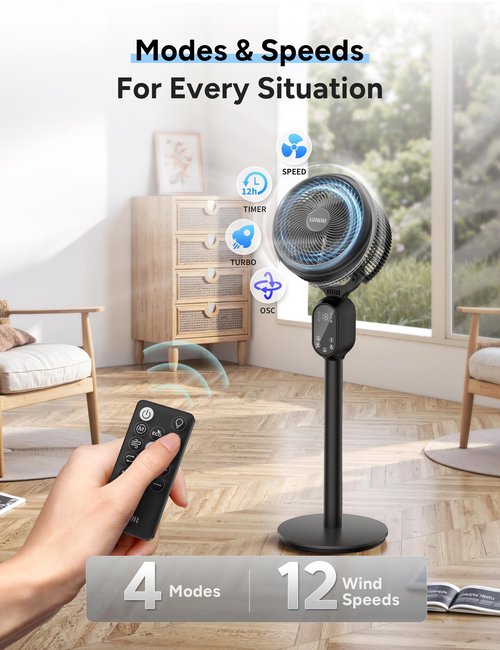 GRIDR Fan For Bedroom, Pedestal Fans 90°+90° Smart Oscillating, Standing Fans for Home 12 Speeds, 4 modes, 12H Timer, Quiet Floor Fan with DC Motor 20dB, 90ft for Room, 22-35'' Adjustable Height