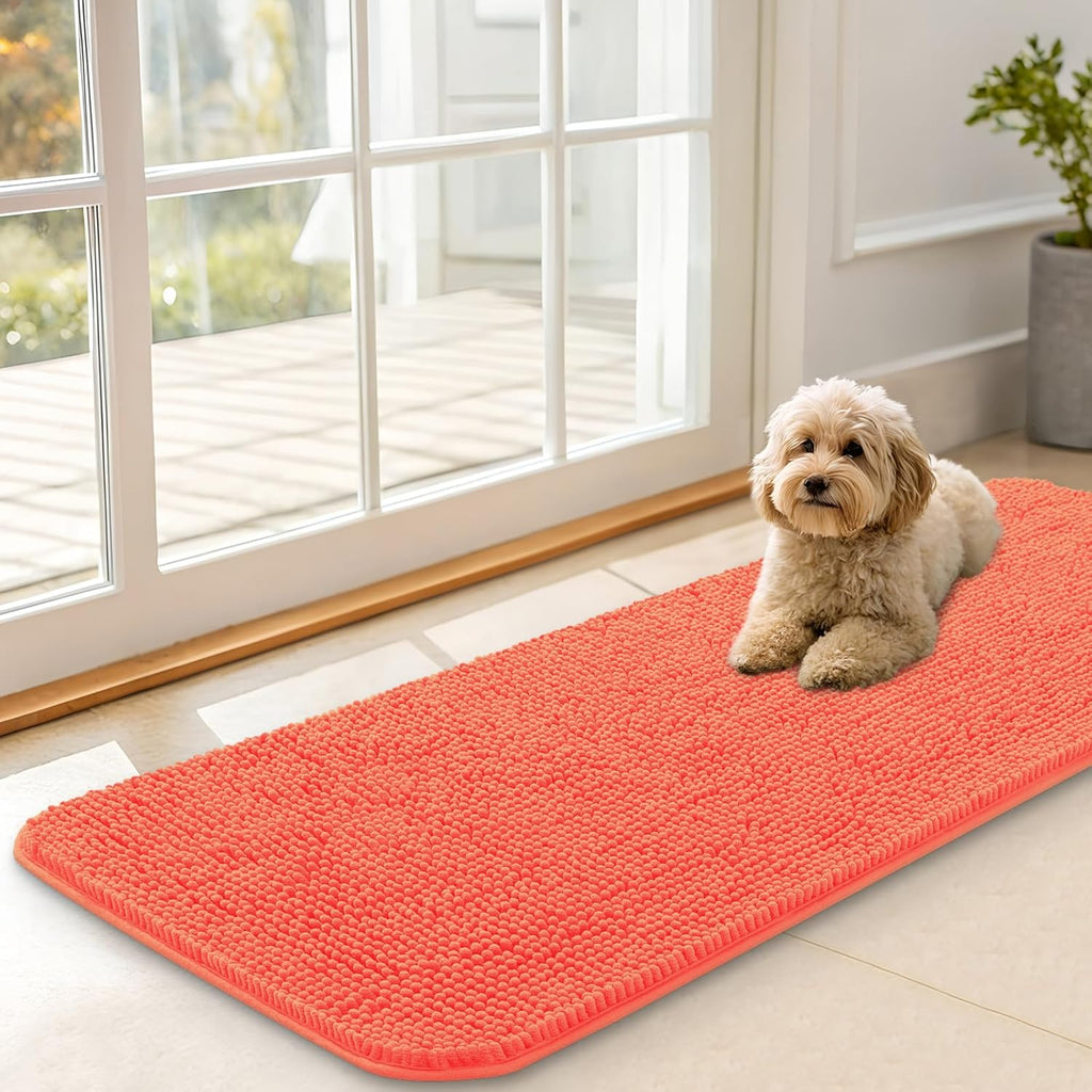 OLANLY Dog Door Mat - Absorbent Non-Slip Mud Mat for Indoor Use | 47x17 Coral, Quick Dry Chenille