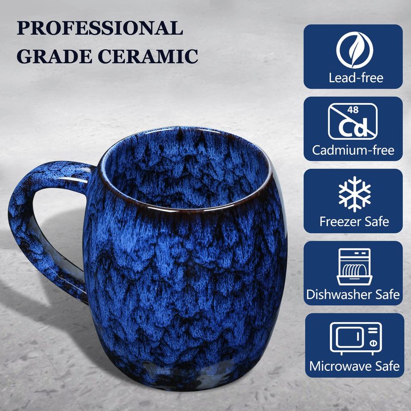 26 Oz Extra Large Ceramic Coffee Mug with Big Handle, 720ml Oversized Tea Cup for Office and Home Milk Cocoa, Microwave and Dishwasher Safe, Unique Handmade Texture Glaze Jumbo Coffee Cup (Deep Blue)