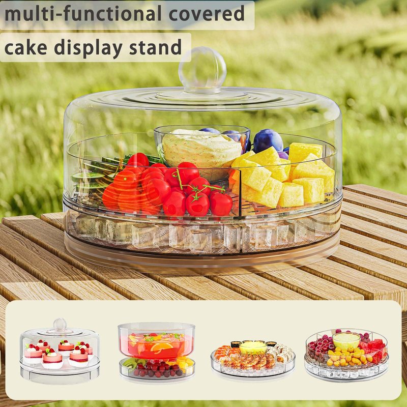 Spormmkuy 360°Rotatable Cake Stand with Dome Lid, 9in Cake Plates, Chilled Divided Veggie Fruit Serving Tray,Multi-Functional Snack Serving Platter with Cover,Lazy Susan Serving Tray
