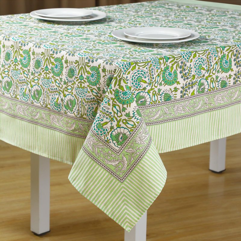 Newtay 60'' x 60'' Cotton Tablecloth Handmade Cotton Floral Tablecloth Washable Print Rectangle Table Cover with Dust Proof Wrinkle Resistant for Kitchen Dining Party Buffet(Green Pattern, Green)