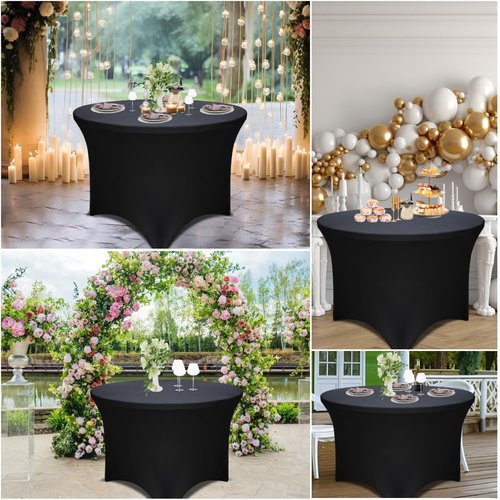 4 Pack Black 48-Inch Diameter x 30-Inch High Round Spandex Tablecloth for 4FT Round Tables|Fitted Stretch Tablecloth with Foot Bag for Party, Wedding, Birthday, Banquet, Vendor Stand