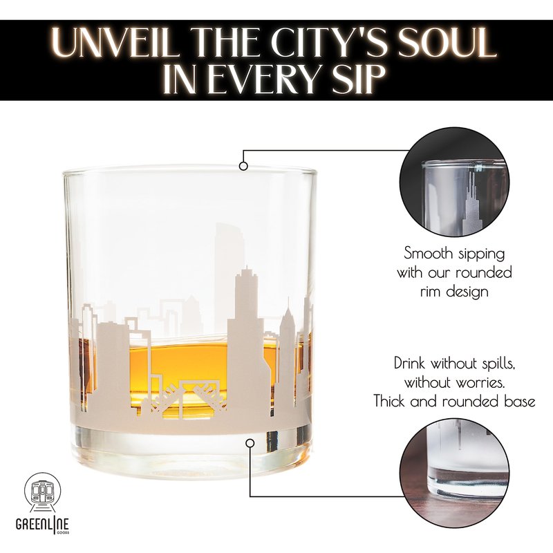 Greenline Goods Whiskey Glasses – 10 oz Drinkware for Chicago Lovers (Single Glass) - Etched with Chicago, IL Skyline - Premium Decorative Glassware