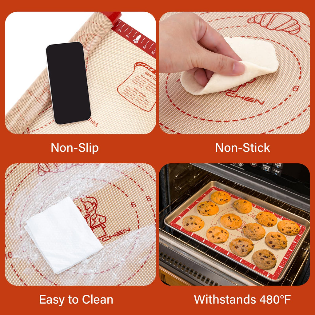 Extra Thick Silicone Baking Mat with Recipes - 26x16 inch Non Stick Pastry Mat with Measurements for Sourdough, Macarons, Bread, Pizza, Dough Rolling, Kneading, Heat Resistant to 480°F Gift for Baker