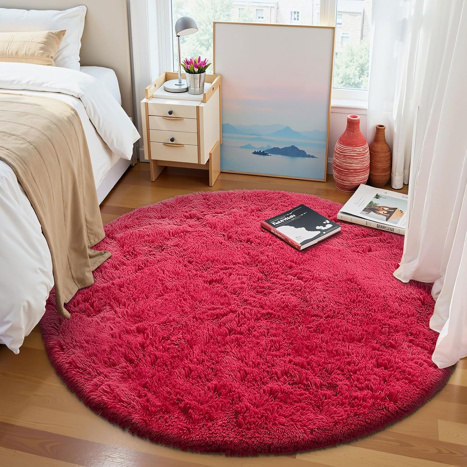 OLANLY Red Round Area Rug - Soft, Fluffy, Machine Washable 4 ft Circle Carpet for Bedroom & Living Room Decor