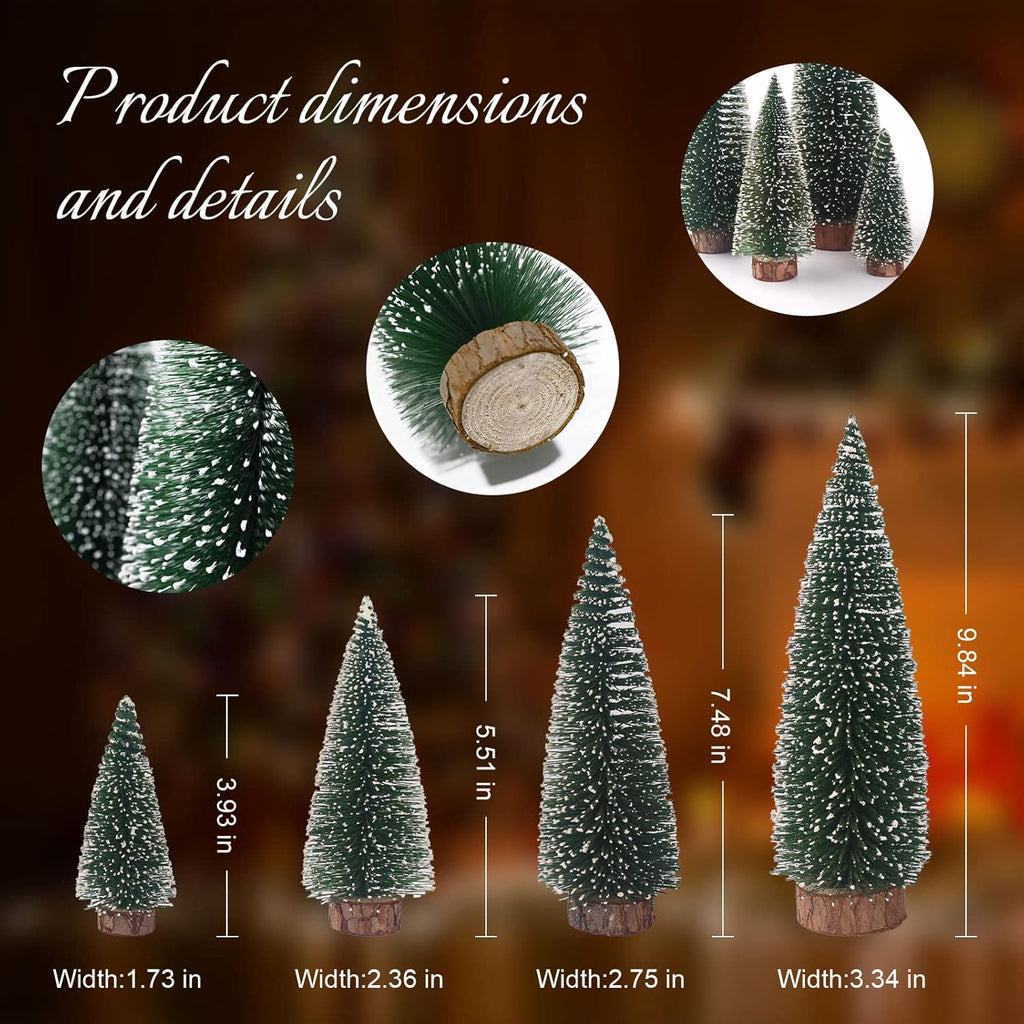Skiennix Mini Christmas Tree - Small Pine Tabletop Decor with Wooden Bases | Green - Set of 4