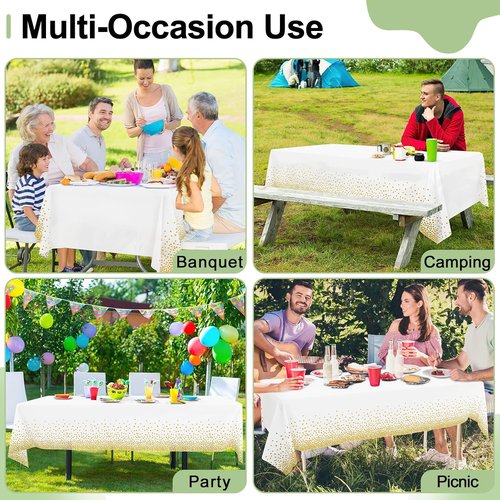 Misaya Disposable Tablecloths - 3 Packs of Waterproof 54 x 108 Inch Rectangle Covers | Gold Dots on White for Parties