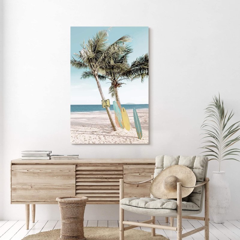 cozy country Beach Coastal Canvas Wall Art: 36" x 24" Seascape Artwork Sea Coconut Art and Beach Surfboards Painting Seaside Palm Tree Picture Decor for Living Room Bedroom