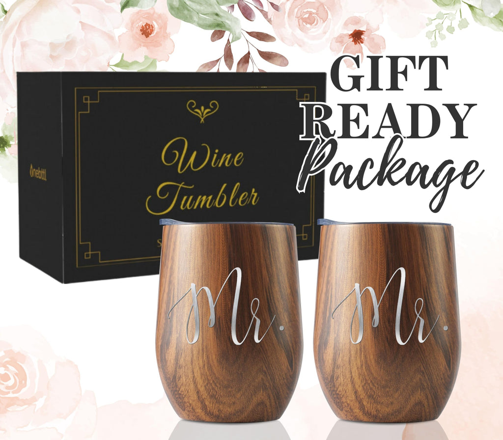 Onebttl Mr & Mr Gifts Tumbler Set - Stainless Steel 12oz/350ml with Lid - Wooden, Perfect for Wedding, Engagement, Valentine's Day, Anniversary & Newlyweds