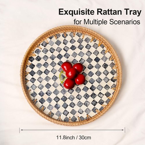 Tynulox Round Rattan Tray with Mother of Pearl Inlay, Rattan Serving Tray for Coffee, Bread, Fruits, Decorative Wicker Tray for Table Decor, Home Decor, Kitchen Island Decor(Black Checkerboard, 11.8")