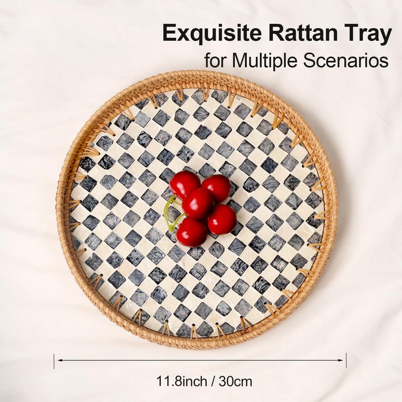 Tynulox Round Rattan Tray with Mother of Pearl Inlay, Rattan Serving Tray for Coffee, Bread, Fruits, Decorative Wicker Tray for Table Decor, Home Decor, Kitchen Island Decor(Black Checkerboard, 11.8")