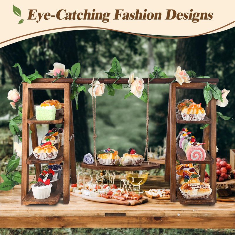 Wisreach Wooden 3 Tier Cupcake Stand with Swing and Flower Decoration Serving Removable Tray Display Serving Ladder Foldable Stand with Serving Platter Tray Party Food Display Set for Cake Snack Fruit Chips Bread Centerpieces Catering