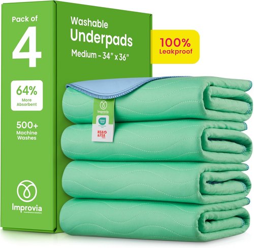 IMPROVIA® Washable Underpads - Heavy Absorbency Reusable Bedwetting Pads | 34" x 36" (Pack of 4) - Waterproof Protection for Kids, Adults, and Pets