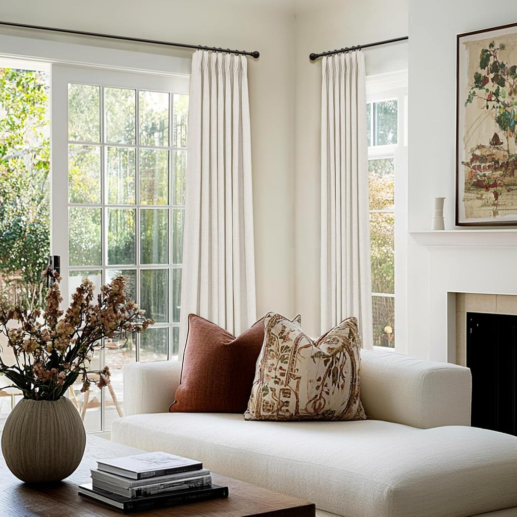 Skiennix 100% Blackout Curtains - Textured Faux Linen Drapes for Bedroom & Living Room | 84" Long, Beige, 2 Panels Set