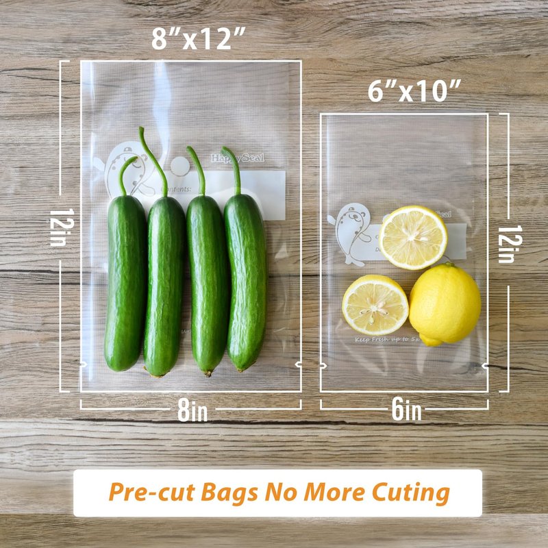 Happy Seal Vacuum Sealer Bags 8" x 12" 210 Quart Size for Food, Pre-cut Food Saver Airtight Vac Storage, Meal Prep or Sous Vide, Commercial Grade Vacuum Seal Freezer Bags