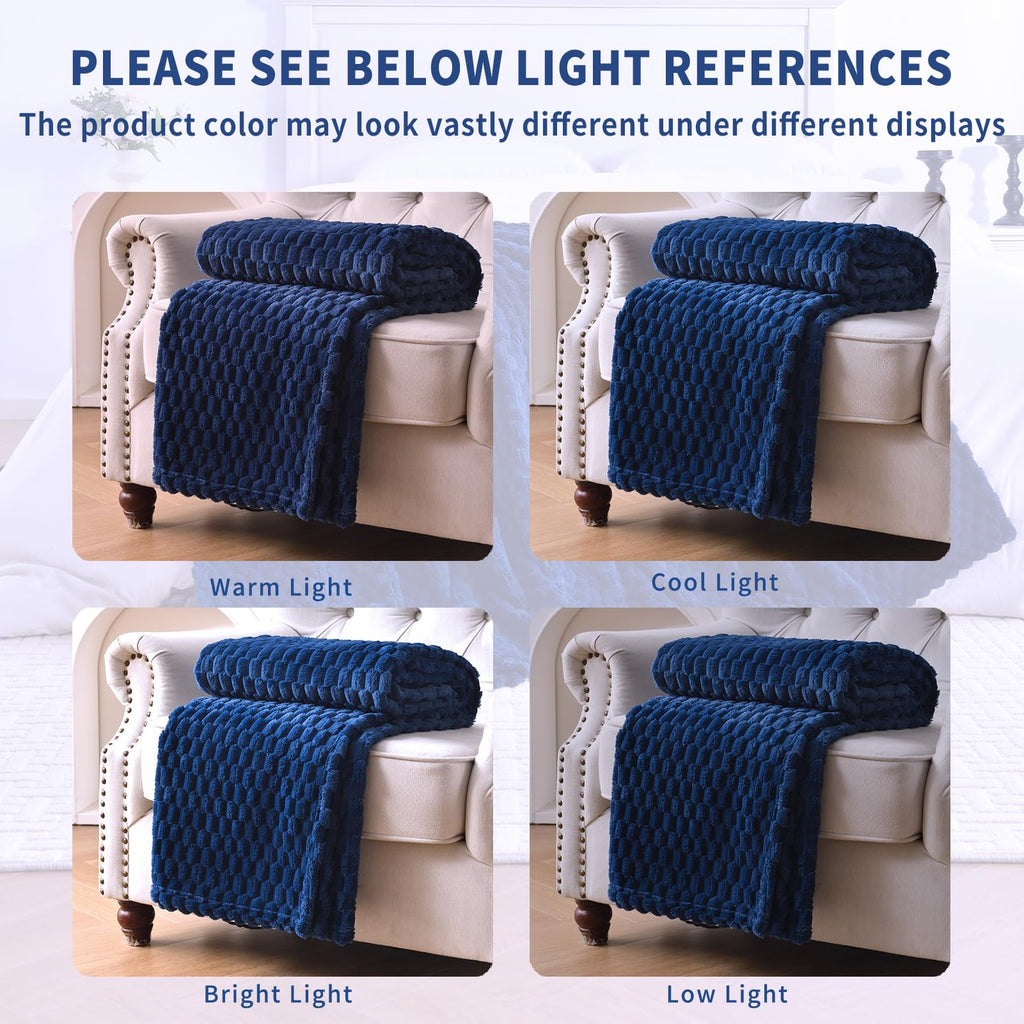 PLEASANT BOULEVARD Fleece Throw Blanket for Couch with 3D Turtle Shell Jacquard Soft Blanket, Fuzzy Blanket for All Seasons 50x60 Inches, Navy