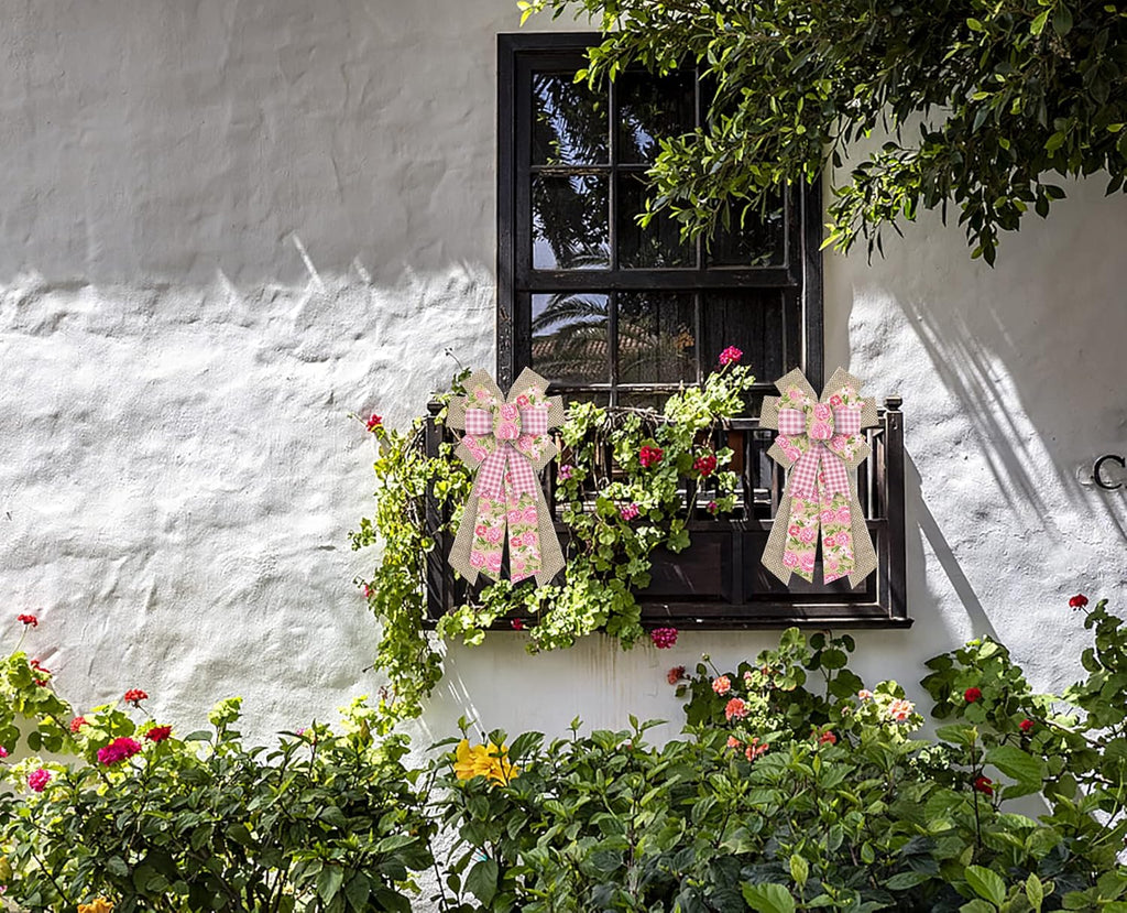 Skiennix Large Spring Wreath Bow - Pink Roses & Burlap Design | Retro Floral Decor for Indoor/Outdoor Use