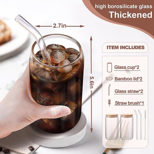 DWTS Danweitesi Iced Coffee Cups - 16 oz Glass Tumblers with Lids & Straws | Reusable Drinkware Set